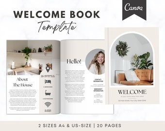 Puede incluir: Una plantilla de libro de bienvenida con una portada beige y blanca. La portada presenta una foto de una sala de estar con un sofá de cuero marrón y una gran planta en maceta. El texto "WELCOME" está en una fuente marrón y el texto "to your home away from home" está en una fuente más pequeña. El texto "123 Main Street, Your City, State 12345" está en la parte inferior de la página.