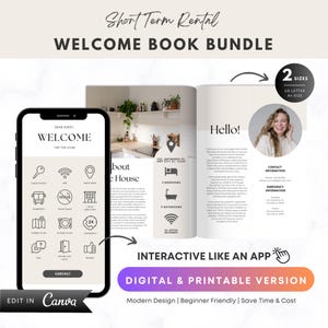 May include: A digital and printable welcome book bundle for short-term rentals. The design includes a smartphone mockup with app-like icons, a welcome page, and a page with contact information. The bundle is available in US Letter and A4 sizes.