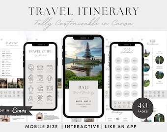 Bali Travel Itinerary Template: 40-Page Customizable Travel Guide (Canva, Mobile)
