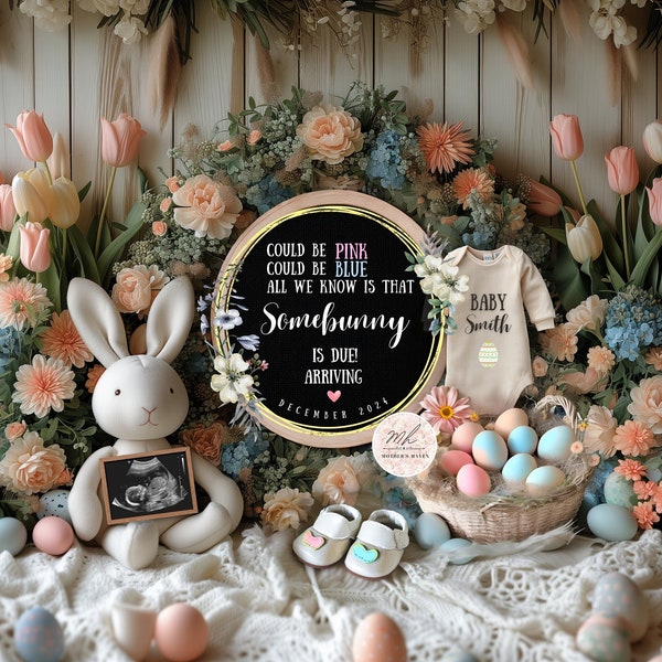 Easter pregnancy announcement,editable digital template,bunny,onesie,spring floral,neutral baby gender,easter eggs,April baby,somebunny