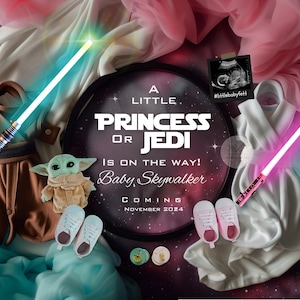 Space Wars Digital pregnancy announcement,boy or girl theme,editable template,little Fett, galaxy, light saber, dress and robe