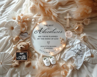 May include: A white wooden hoop with the text "The Best Adventures Are Those Planned By The Hand Of God" and a heart. Below the text is "Our Little Blessing Is Arriving October 202X". There is a white baby onesie with the text "Baby Joseph's" on it, a teddy bear holding a sonogram picture, and white baby shoes.