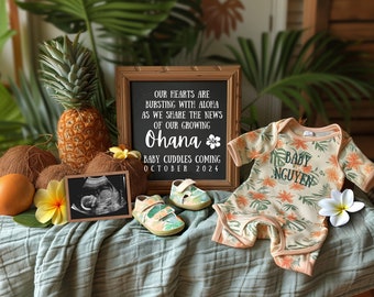 Anuncio de embarazo digital, ohana hawaiana, plantilla luau de verano, aloha, plumeria, expectativa, revelación de género, anuncio de bebé tropical