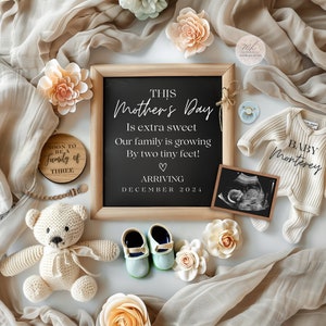 Mother&#39;s Day Digital pregnancy announcement, siblings, mom of three,editable template,boho Scandinavia, expecting a baby, neutral gender