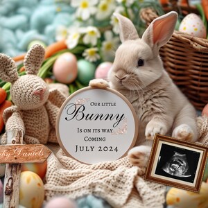 Annonce de grossesse de lapin de Pâques, carte numérique personnalisée personnalisée, cadeau de bébé, date d'accouchement de bébé, photographie de lapin IA, œufs de Pâques