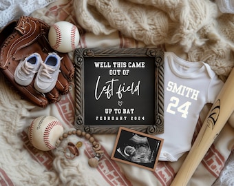 baseball digital pregnancy announcement, baseball baby theme, left field, instagram, vintage, facebook, birth, baby due date,