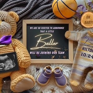 Basketball Thema Schwangerschaftsankündigung, benutzerdefinierte personalisierte digitale Karte, Babypartygeschenk, Baby Baller Fälligkeitsdatum, Sportvorlage