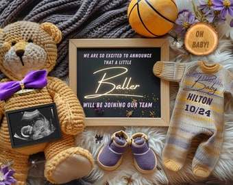 Basketball theme pregnancy announcement, custom personalized digital card, baby shower gift, baby baller due date, sports template