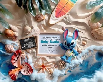 Modèle numérique d'annonce de grossesse Ohana Stitch, point lilo, ohana signifie famille, thème de la plage d'Hawaï, vagues, planche de surf