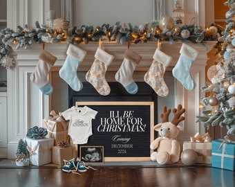 Christmas Pregnancy Announcement, Editable Stockings, Sibling On The Way (Digital Template)
