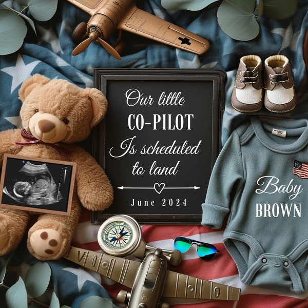 Pilot Digital pregnancy announcement, editable template, aviator, our little Co-Pilot, baby boy, social media, boho vintage, facebook