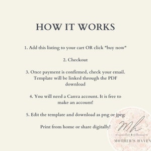 May include: How it works: a step-by-step guide for purchasing and using a digital template. The steps include adding the listing to your cart, checking out, confirming payment, downloading the template, editing it in Canva, and printing or sharing it digitally.