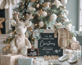 Pode incluir: Um anúncio de nascimento com tema natalino com um letreiro de quadro-negro que diz "Estarei em casa para o Natal chegando em dezembro de 2024" e um macacão de bebê que diz "Bebê Dasher".