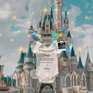 Magical pregnancy announcement, digital editable template, enchanted kingdom castle,  Cinderella&#39;s birds, princess, land, Orlando pregnancy