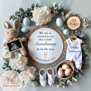 May include: A white round sign with the text "We are so excited to say that a little Somebunny Is on the way SEPTEMBER 2024" and a cartoon bunny. The sign is surrounded by white and blue eggs, a stuffed bunny, a baby onesie, and a wooden sign with the text "Oh Baby!"
