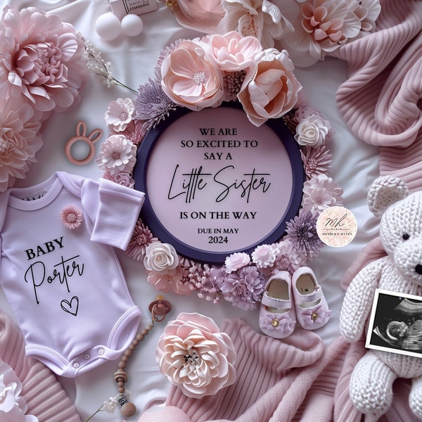 Digital pregnancy announcement, little sister on the way, editable template, baby girl, social media, lavender purple flowers, elegant