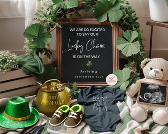 May include: A baby announcement with a green and gold theme. A chalkboard sign reads "We are so excited to say our Lucky Charm is on the way. Arriving September 2024". A gold pot with the words "Our Little Pot of Gold" is next to a green hat. A baby onesie reads "Baby Patrick".