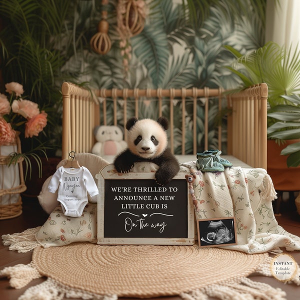 Panda Digital pregnancy announcement, editable template, mama to be, panda cub, rainforest animals, social media, facebook, zookeeper gift