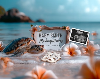 Anuncio de embarazo digital, tortuga Honu, ondas mqking, aloha, plumeria, expectativa, revelación de género, anuncio de bebé tropical