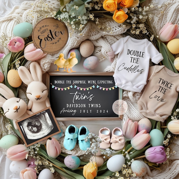 Easter Twin's pregnancy announcement,editable digital template,bunny,onesie,spring floral,boy or girl gender,April baby, expecting