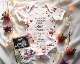 Baby Girl Strawberry Pregnancy Announcement, Social Media, Canva, Digital Editable Template, minimalist, little sister on the way, new mom
