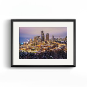 Seattle Skyline in Snow - Digital Download - Winter Cityscape - Fine Art Photography Print - High-Res Wall Art