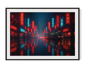 Stampa di strada di Cyberpunk City – Tram al neon, notte urbana (download digitale)