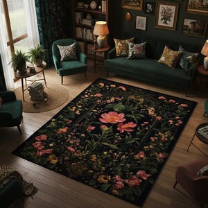 Tappeto vittoriano floreale scuro, tappeto estetico con fiori selvatici, tappeto gotico per la casa, tappeto lavabile, tappeto antiscivolo immagine 1
