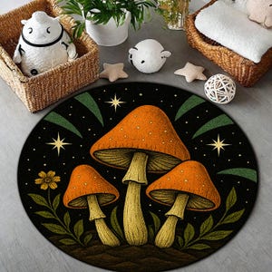 Mushroom Round Rug with Starry Night Sky and Botanical Accents – Whimsical Forest Decor Carpet for Cottagecore or Nature-Inspired Spaces