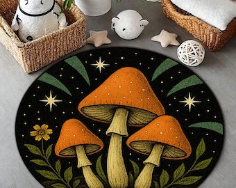 Mushroom Round Rug with Starry Night Sky and Botanical Accents – Whimsical Forest Decor Carpet for Cottagecore or Nature-Inspired Spaces