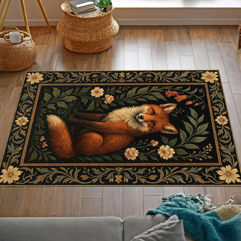 K&ouml;nnte beinhalten: Rechteckiger Teppich mit einer detaillierten Illustration eines Fuchses. Der Fuchs hat orangefarbenes und wei&szlig;es Fell, umgeben von gr&uuml;nen Bl&auml;ttern und gelben Blumen auf schwarzem Hintergrund. Der Teppich hat einen dekorativen Rand.