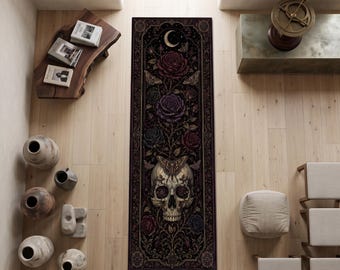 Alfombra gótica con calaveras, alfombra de pasillo con estampado floral oscuro, alfombra de calaveras y rosas, alfombra estilo academia oscura, decoración gótica victoriana