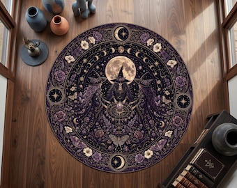 Alfombra redonda de bruja de la triple luna, alfombra ritual de aquelarre, alfombra gótica celestial, decoración mágica lunar, alfombra botánica mística
