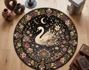 Alfombra redonda Cisne a la luz de la luna, Alfombra floral celestial, Alfombra botánica elegante, Decoración romántica de la naturaleza, Alfombra redonda de lujo