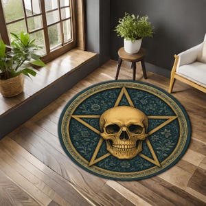Skull and Pentagram Round Rug with Floral Gothic Motif – Dark Occult Witchy Carpet for Alternative, Esoteric or Halloween Home Decor