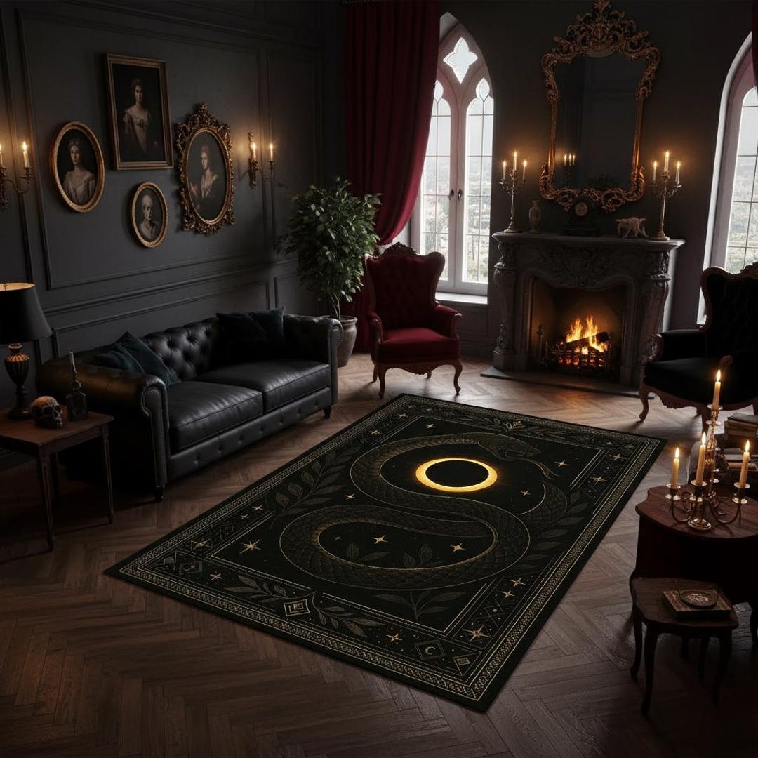 Gothic Rug For Library Ouroboros Snake Rug, Gothic Black and Gold Mystic Decor, Witchy ...