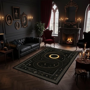 Tappeto con serpente Ouroboros, decorazione mistica gotica nera e oro, tappeto celeste da strega per soggiorno o camera da letto, tappeto lavabile