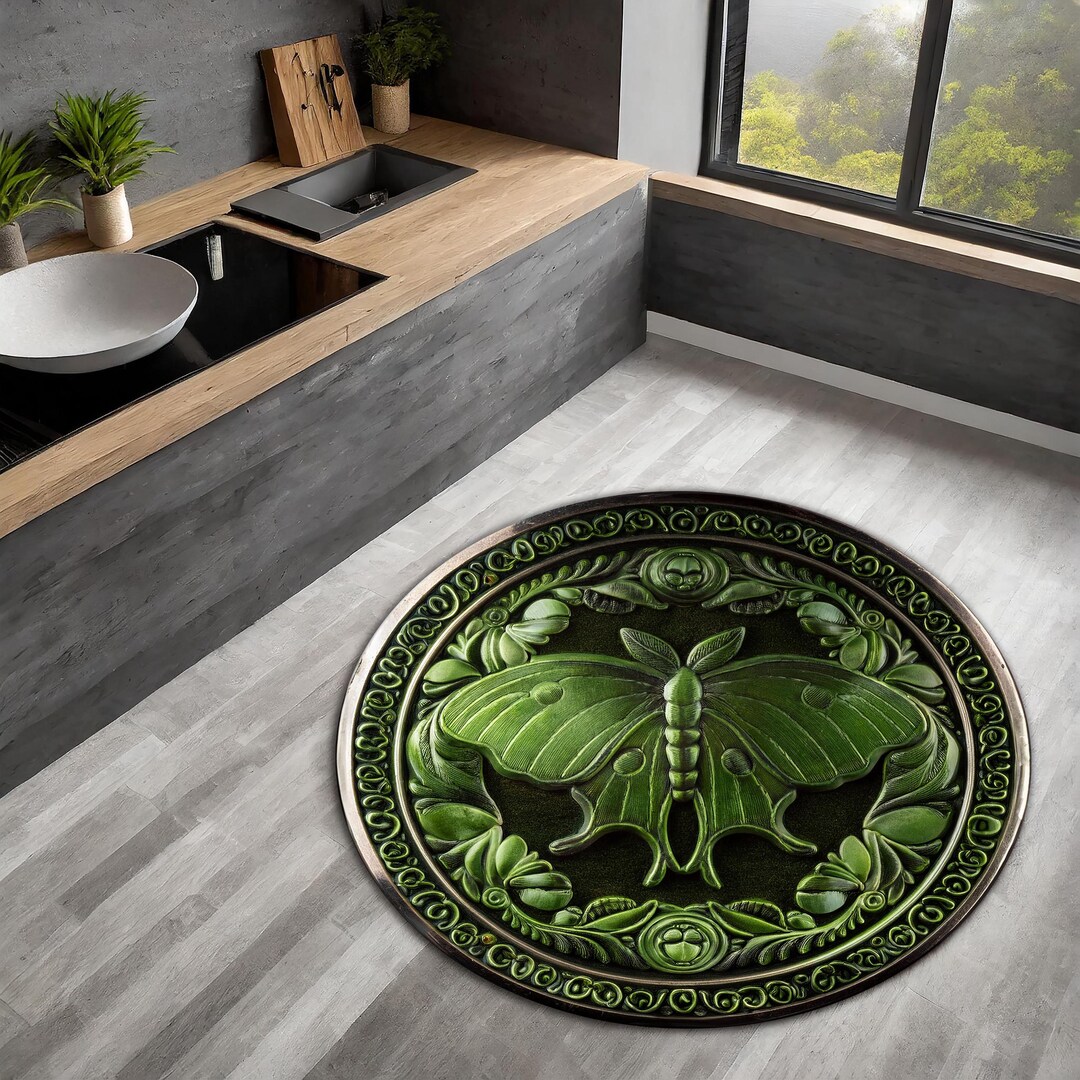 Botanical Green Round Rug, Butterfly Rug, Dark Cottagecore Home Decor ...