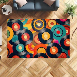 80s Retro Record Pattern Rug, Music Room Decor, Colorful Rug, Retro Style Rug, Washable Rug, Non Slip Rug,