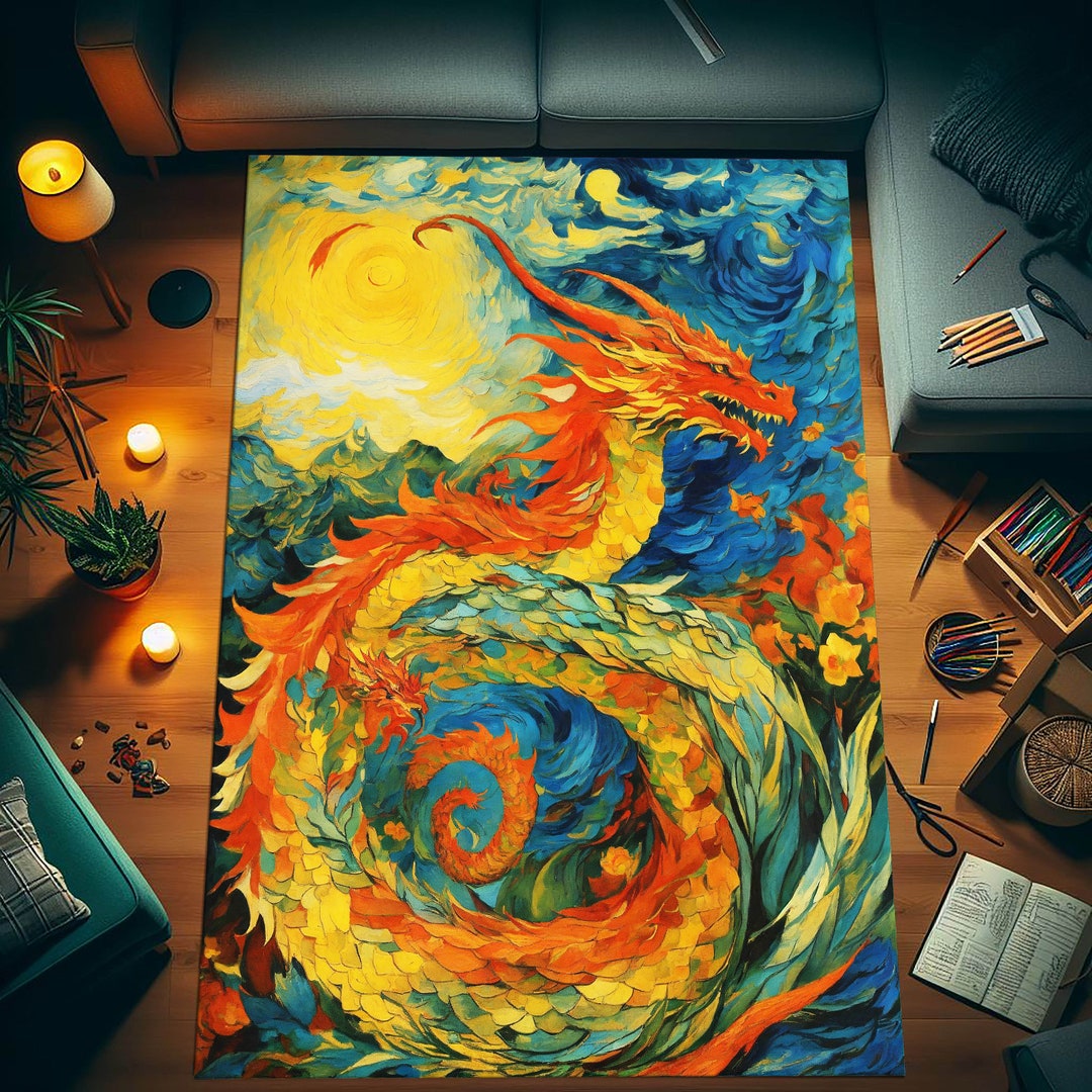 Dragon Rug, Van Gogh Dragon Rug, Blue Rug, Animal Rug, Animal Decor Rug ...