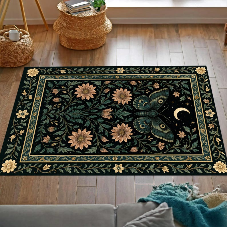 Gothic Moth Rug – Dark Floral Boho Carpet With Crescent Moon, Witchy ...