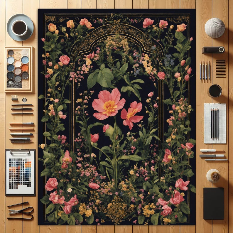 Pu&ograve; includere: Una stampa floreale con una cornice dorata e uno sfondo nero. I fiori sono rosa, bianchi e gialli. La stampa &egrave; circondata da un bordo di foglie verdi.