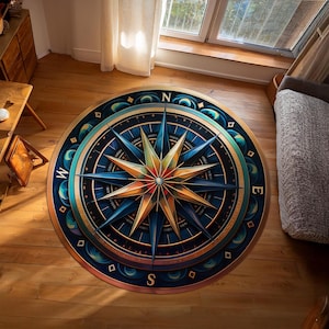 Compass Round Rug, Traveler Rug, Sailor Rug, Yacht Rug, Coastal Decor, Marine Rug, Nautical Rug for Living Room, Office Decor