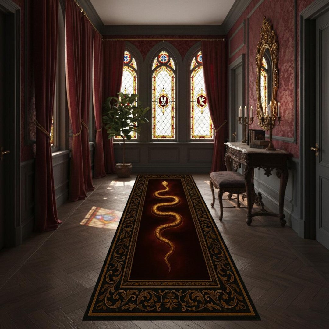 Crimson Serpent Runner Rug – Red and Gold Baroque Hallway Carpet With ...