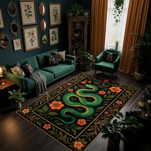 Snake Rug – Botanical Serpent Area Carpet, Mystical Jungle Reptile Decor, Unique Gift for Snake Lover or Cottagecore Style
