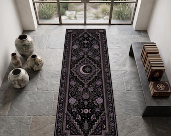 Alfombra de pasillo Mandala Lunar, Alfombra Celestial para Pasillo, Alfombra Gótica Botánica, Alfombra de Fase Lunar Morada, Decoración Witchcore