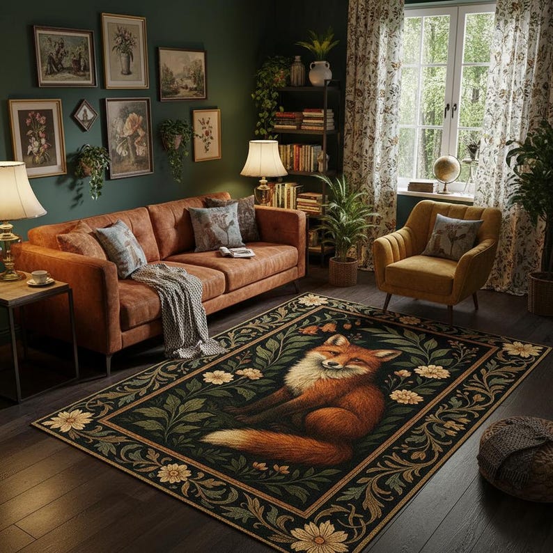 Vintage Fuchs Teppich - Cottagecore Tier Wald Teppich, Gemütlicher Waldästhetischer Bereich, Geschenk für Naturliebhaber Bild 2