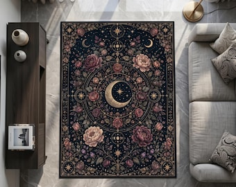 Alfombra Celestial Floral, Alfombra de Fases Lunares, Alfombra Gótica de Jardín, Decoración Botánica Mística, Alfombra Elegante del Cielo Nocturno