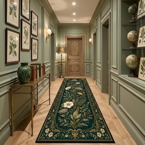 Peut inclure: Un long tapis de couloir rectangulaire au fond vert foncé, orné d'un motif botanique central composé de fleurs blanches, de feuilles vertes et de fougères, encadré par une bordure décorative avec de petites fleurs blanches aux angles.