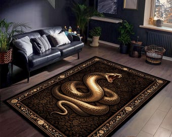 Alfombra gótica con diseño de serpiente, alfombra oscura con estampado de serpiente, alfombra mística negra y dorada, decoración ocultista para sala de estar.